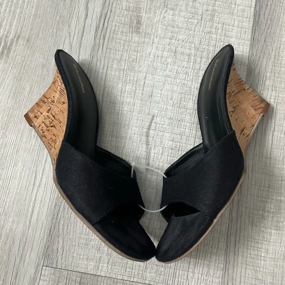 REFORMATION Anita Mule Wedge - Black Linen 5.5